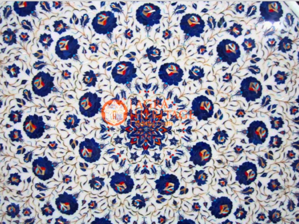 White Marble Lapis Pietradura Floral Interior Table Top